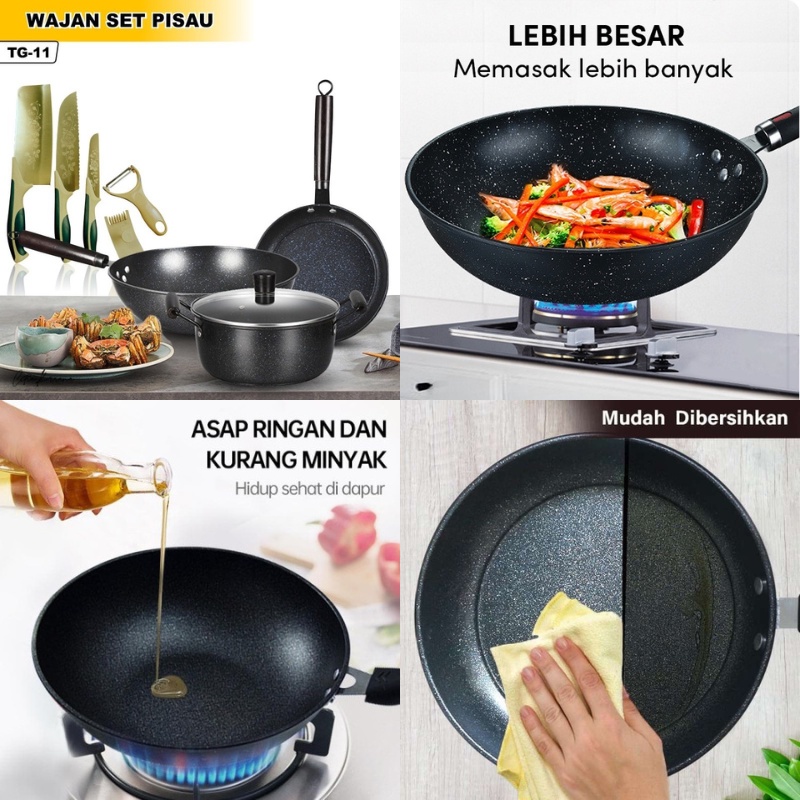 PROMO Panci set Free pisau teflon lengkap tebal anti lengket cookware panci kayu kuat tahan api wajan Best quality-TERMURAH