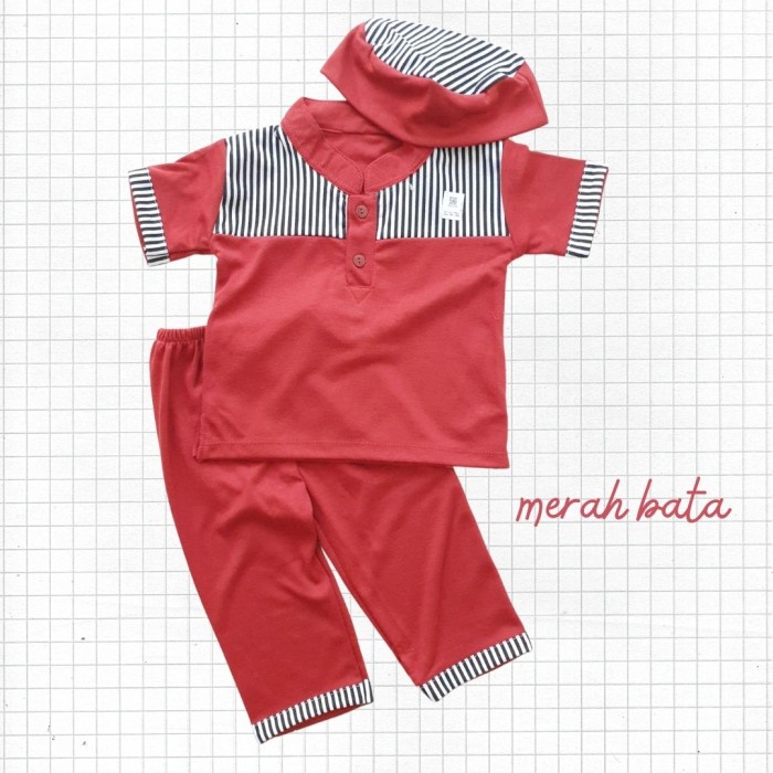 baju anak laki laki  Baju Muslim Anak Bayi Cowok Laki Koko Kaos Pendek Set Warna Garis Peci - merah 