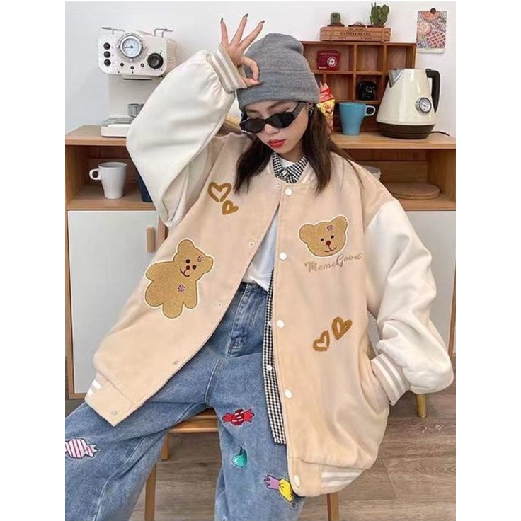 MAMA GOOD BEAR BASEBALL - SWEATER VARSITY WANITA JACKET BISBOL ALA KOREAN FASHIONABLE OUTFIT KASUAL