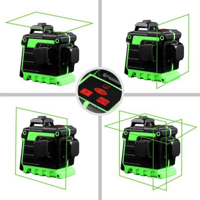 KEUHZ Laser Level Green Beam 12 Lines Self Leveling Alarm 360 Rotation - KE7MM Hijau Hitam pengukur bangunan Tukang