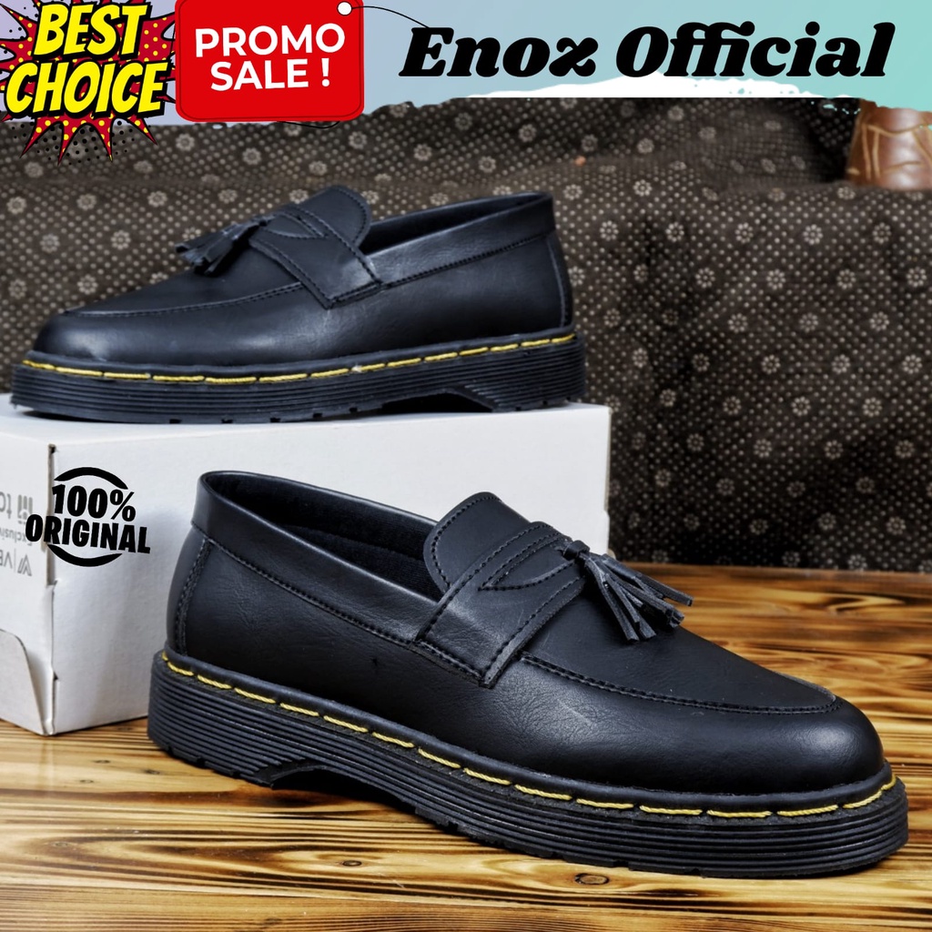 Sepatu Loafers Pria Casual Formal Slip On Hitam Dokmart Pantofel Kerja Kulit PU Penny Loafers Sintetic Premium Enoz Tie Rope