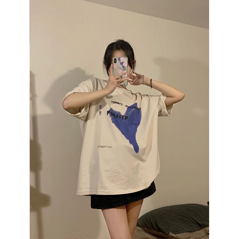 baju atasan wanita terbaru kaos/lengan pendek korean style letter heart motif printed t-shirt kekinian oversize kaos cream couple