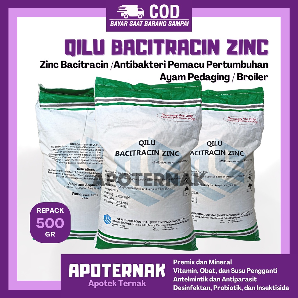 QILU BACI TRACIN ZINC 500 gram | Pemacu Pertumbuhan Ayam Pedaging Broiler | AFP Qilu | AGP Ayam | Zinc Bac 15%