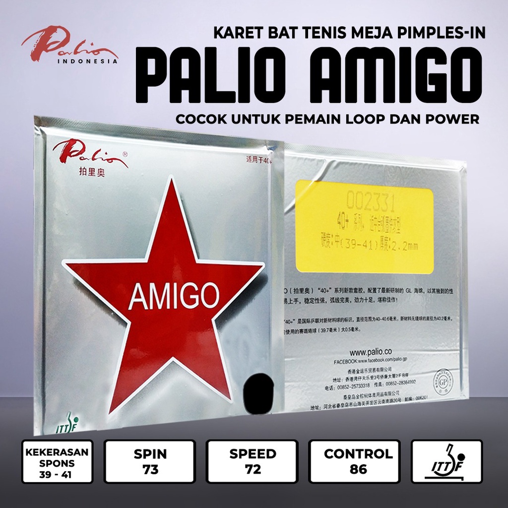Karet Bat Tenis Meja Pingpong Palio Amigo Tacky Rubber 40+