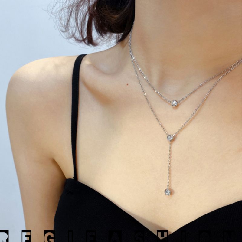 { Bayar Ditempat } Kalung Titanium Wanita Desaign 2 Layer Kalung Wanita Korea 2 Layer Permata Berkilau Kalung Titanium Wanita Anti Karat Tidak Luntur