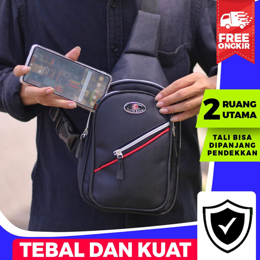 Tas Selempang Bahu Pria Waistbag Elite Polo Bagus Hitam List Merah Bahan Mikro Tas Pinggang Murah COD Slempang Keren Tebal Remaja Stylish