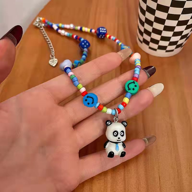 Kalung Liontin Panda Lucu Warna-Warni Smiley Face Love Beads Rantai Klavikula