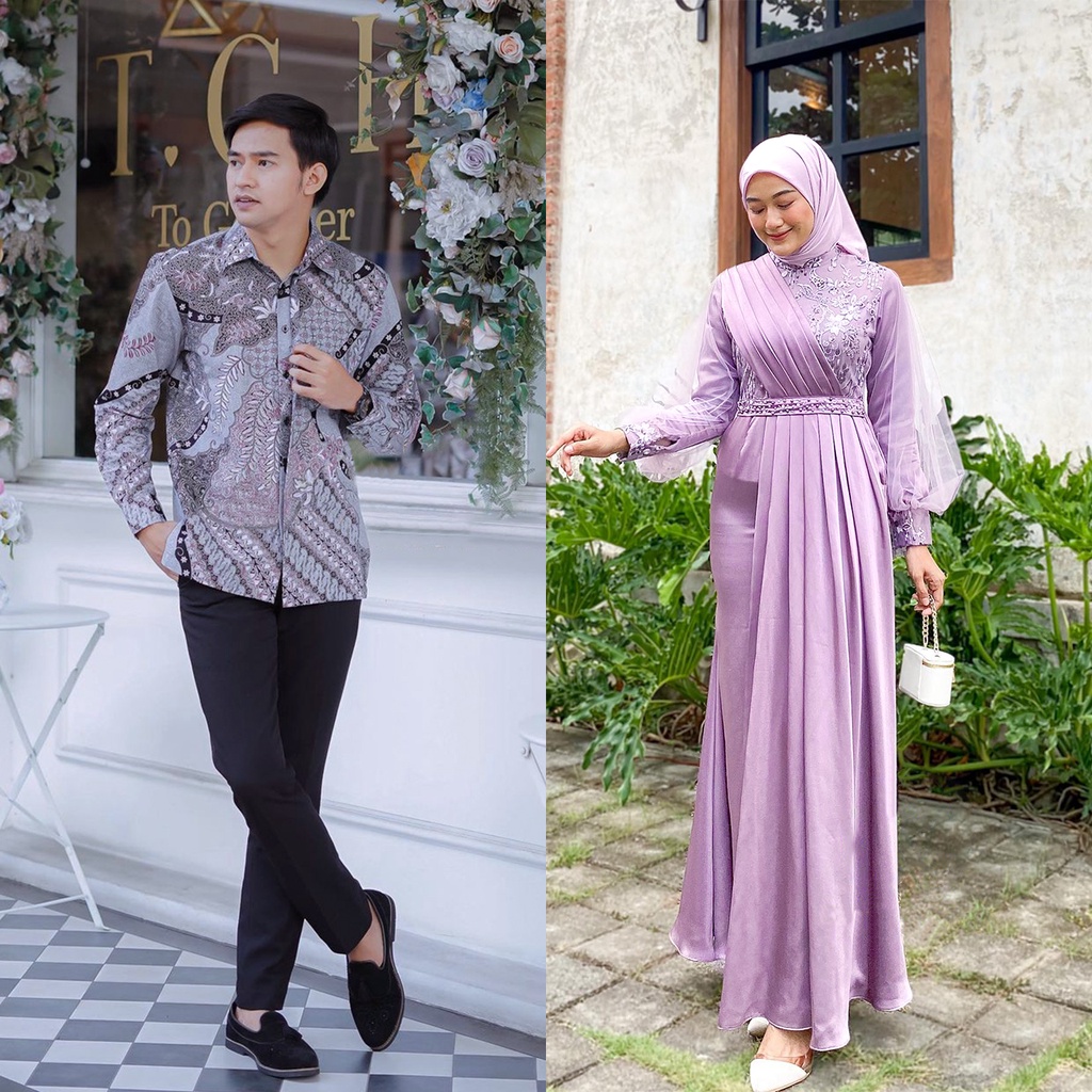 (NEW ARRIVAL) DRESS MELODY LILAC SERIES - Couple Gamis Batik Lebaran Kondangan Lamaran - Baju Couple Batik Pasangan Kemeja Lengan Panjang All Varian Size M L XL - Gamis Wanita Brukat Mix Tille Mutiara - Maxi Dress Modern Kekinian