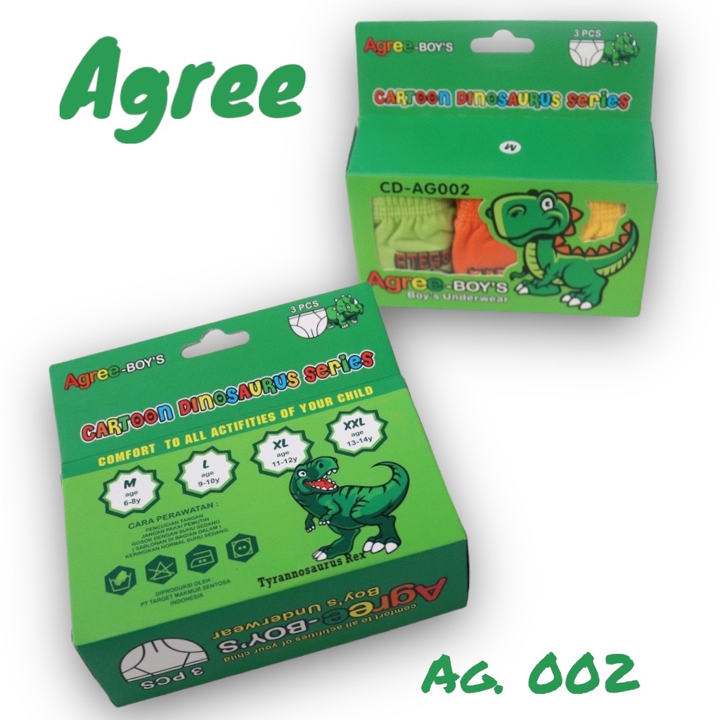 3pc - Celana Dalam AGREE Boy's AG002 Hijau | CD Anak Laki Laki Motif Dino [ V KA3 NA3 ]