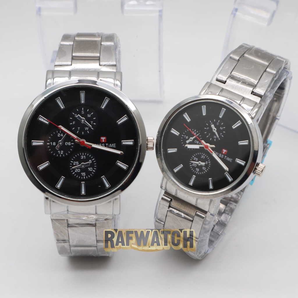 Jam Tangan Pasangan Pria Wanita Analog Casual Rantai Stainless Hitam Silver RPA2