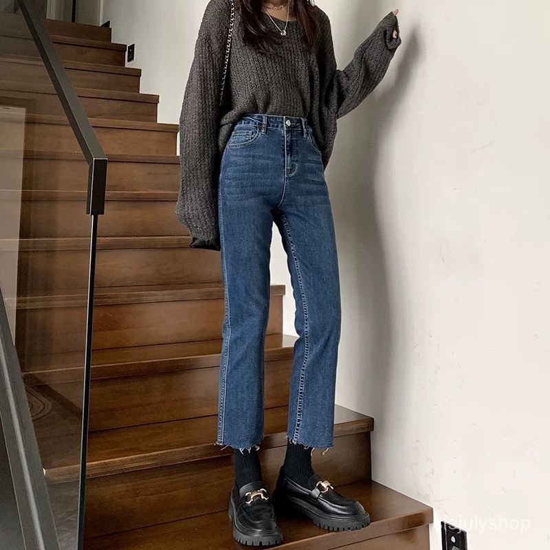[✅BISA COD] #Sisjuly# Jeans lurus baru wanita dengan pinggang tinggi sembilan titik skinny jeans lon