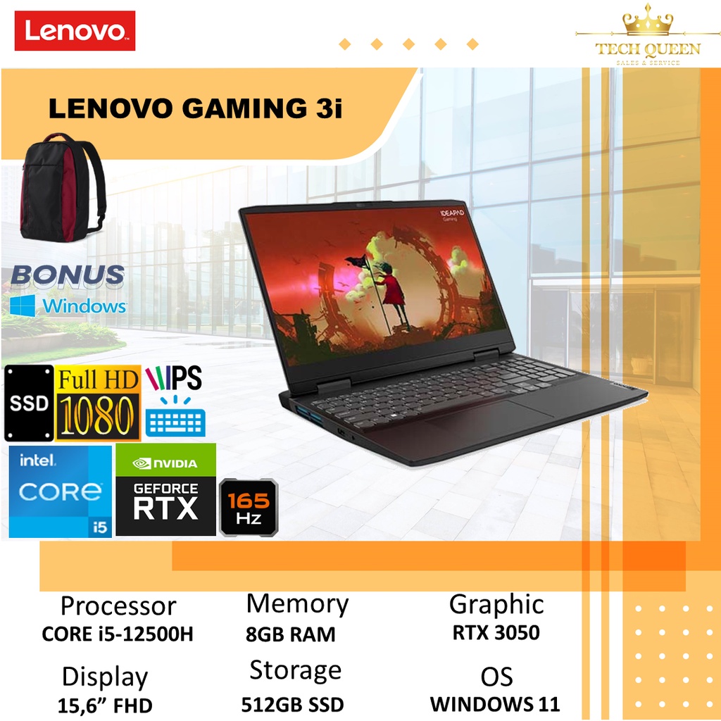 LENOVO GAMING 3I 2022 15 - RTX3050 4GB I5 12500H 8GB 512SSD  WINDOWS 11+OHS 15.6 INCHI FHD 165HZ 100SRGB 4ZRGB