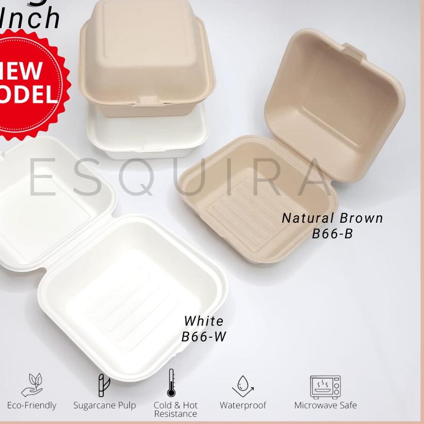 ◌ Sugarcane Bagasse Burger Box 6 Inch / Korean Cake Box 450 ML / Lunch Box / 25 Pcs / B66-B / B66-W 
