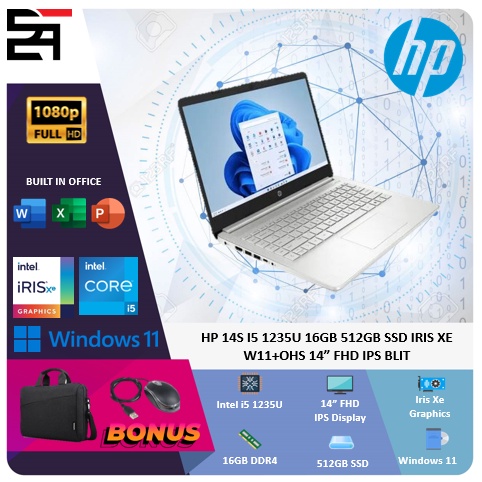 HP 14S i5 1235U 16GB 512GB SSD Iris Xe W11+OHS 14 Inchi FHD IPS