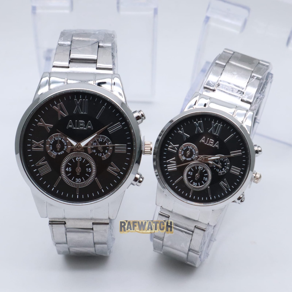 Jam Tangan Pasangan Pria Wanita Analog Casual Rantai Stainless Silver Hitam RPA9