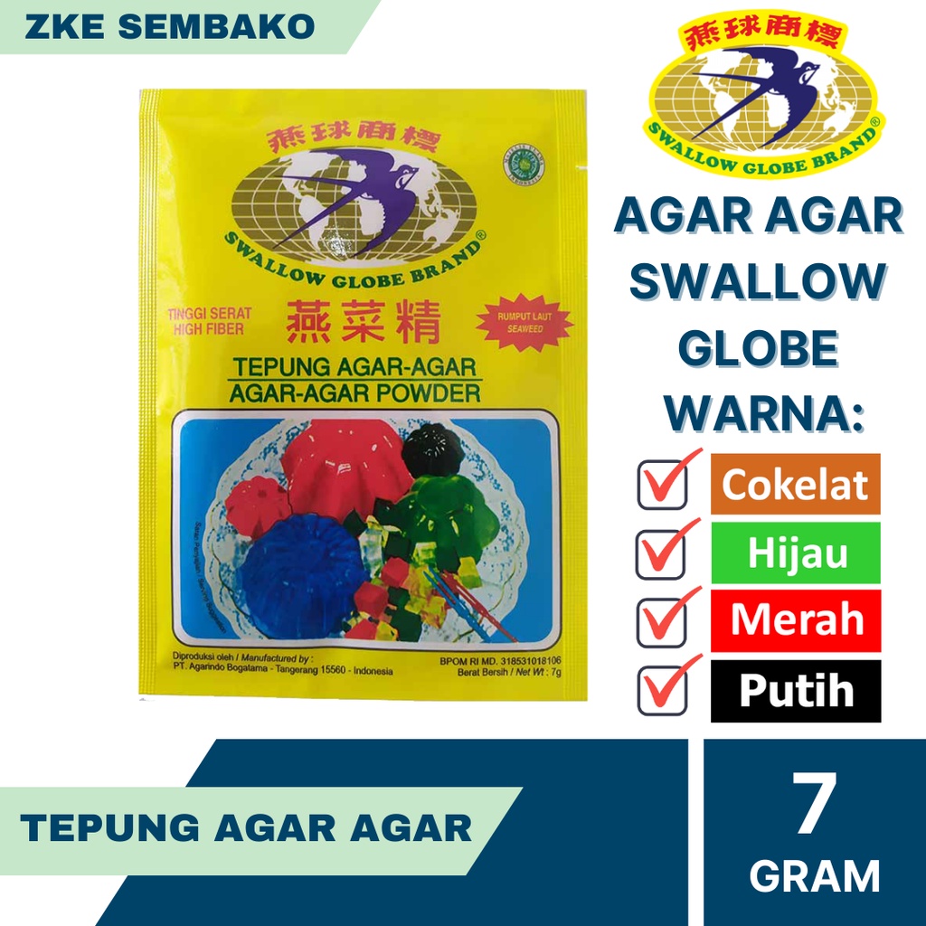 

Agar Agar Swallow Globe Putih / Cokelat / Hijau/Merah 7 gr