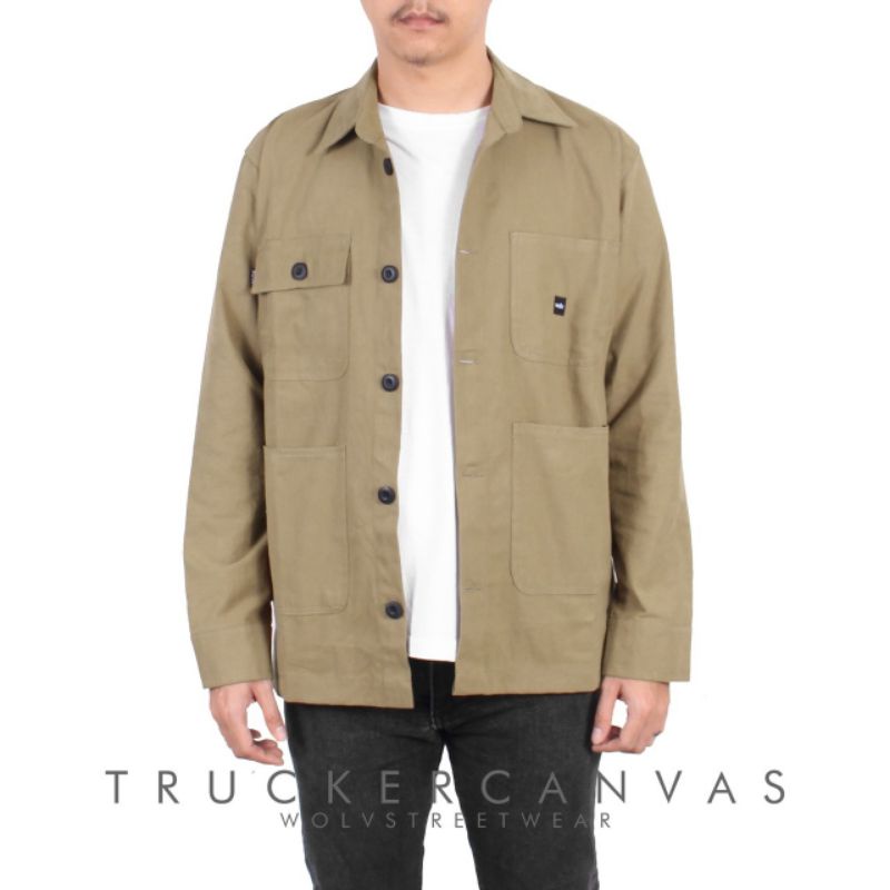 Trucker Kanvas Jaket Pria Semi Parka Casual 4 Pocket Original Wolv Warna Khaki