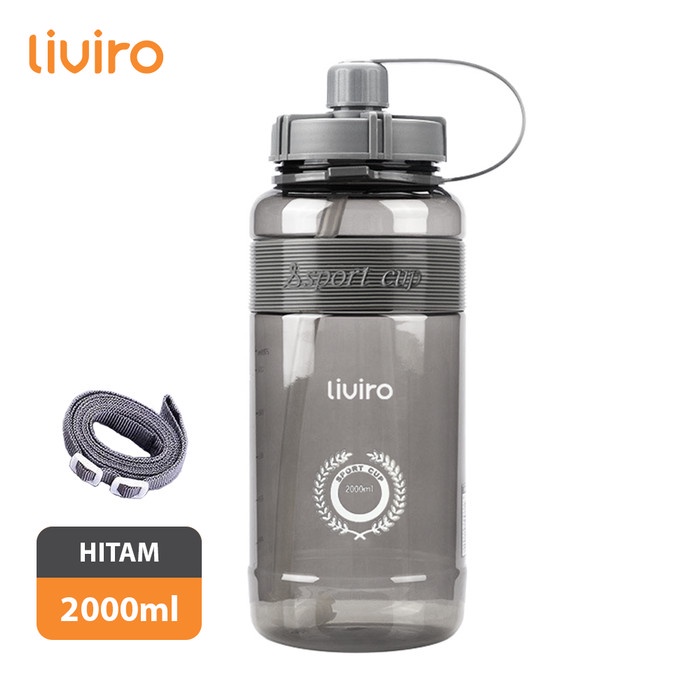 botol minum  liviro Botol Minum Champy Sport Cup 2 Liter Besar Dengan Strap Bahu - Hitam(P1M0) Botol