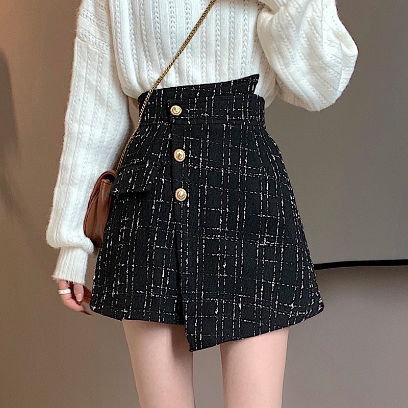 A-line Rok Pendek Korea kotak-kotak Rok Celana Highwaist Tidak Teratur Vintage Skirt