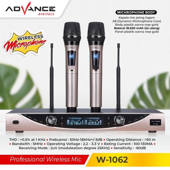 ADVANCE DOUBLE  MIC WIRELESS KARAOKE W1062/2 DUA MIC/MIC ADVANCE W-1062/MIC DOBLE  W1062/SUARA JERNI