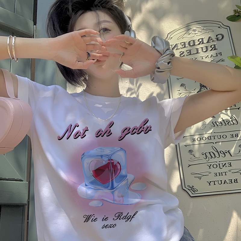 Print T-shirt Kaos Lengan Pendek Pink Love Ice Cube Atasan Wanita Korean Style