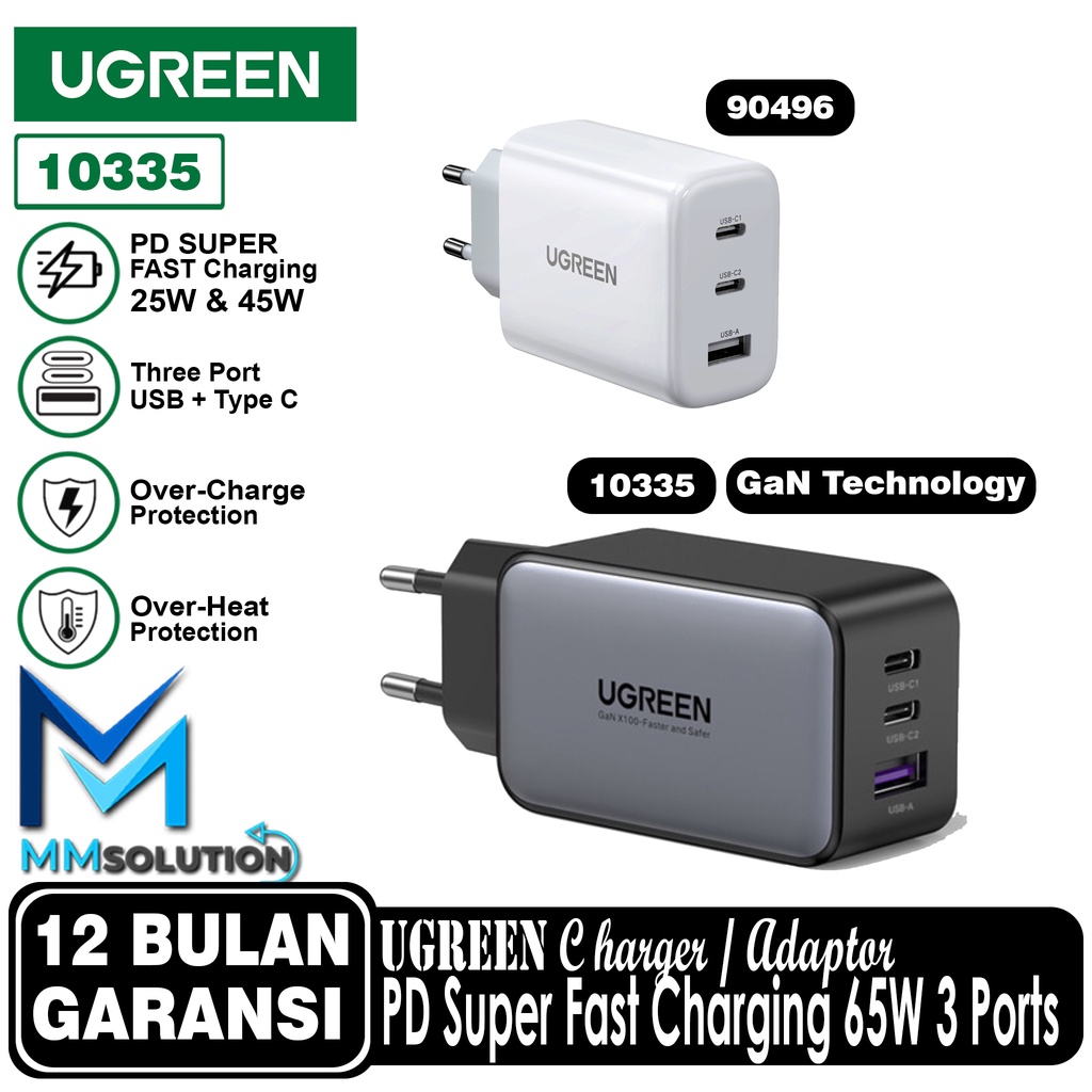 UGREEN Adaptor Charger 65W 3 Port 2 USB C+1 USB A Super Fast Charging