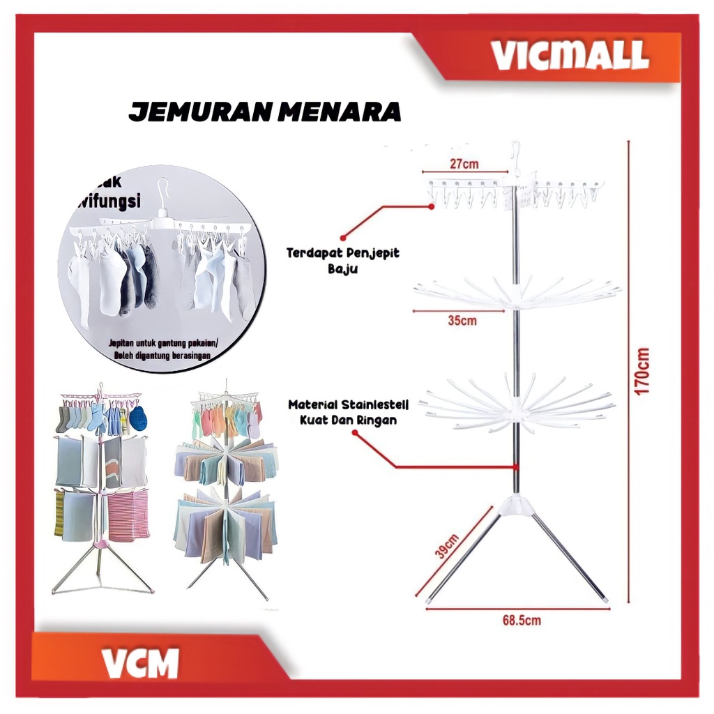 (VCM) JEMURAN MENARA BAJU BAYI 3 SUSUN TRIPOD DENGAN HANGER ROTASI