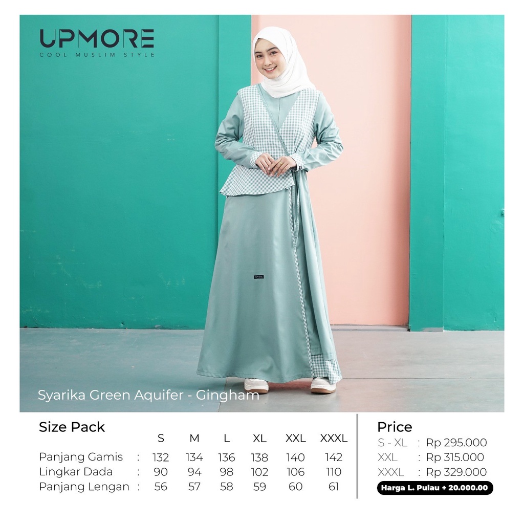 Upmore-Gamis Syarika Green Cotton Yarndyed Polos Kombinasi Kotak Cutting Unik Feminin