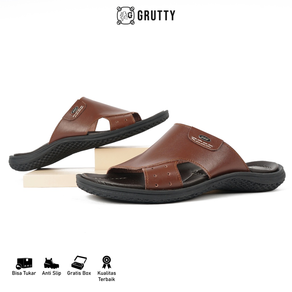 GRUTTY Sandal Pria Sendal Slide Kulit Asli Coklat 233