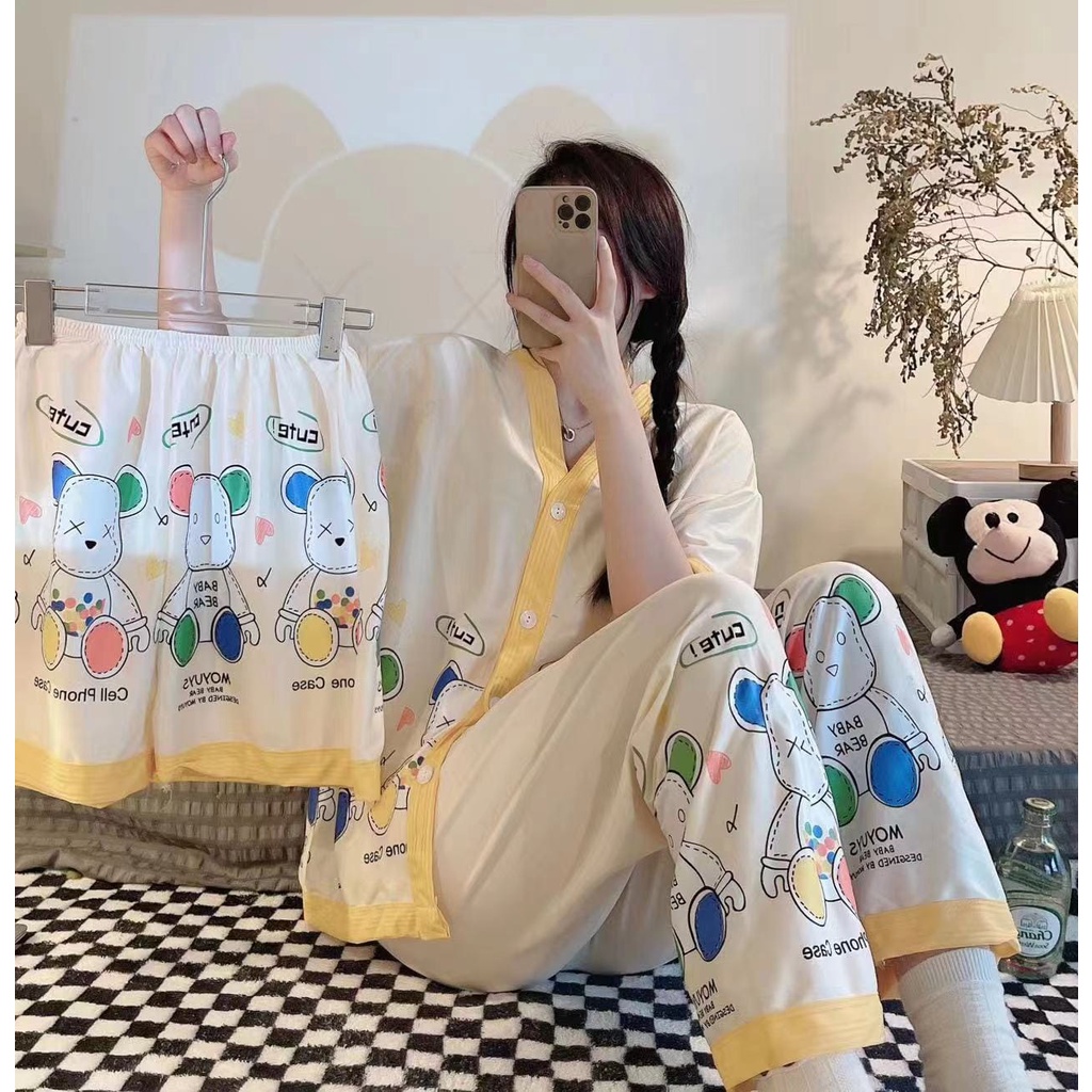 Baju tidur piyama lengan pendek celana panjang model korea bahan spandek import 3in1