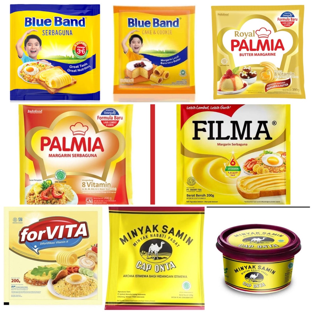 

margarin 200gr sachet, blueband serbaguna, blueband cookies, royal palmia, palmia serbaguna, filma, forvita, samin, samin 250gr