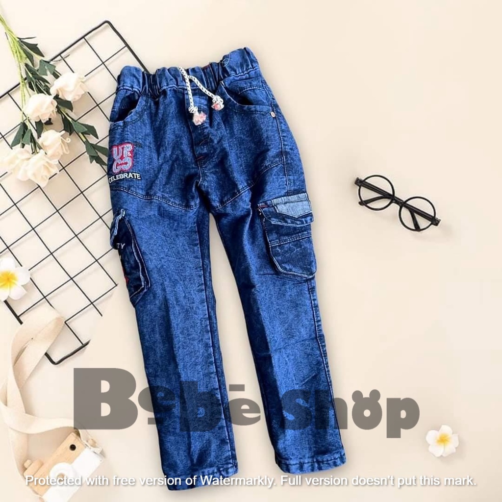 Celana Jeans cargo anak laki-laki bahan denim warna hitam usia 3  sampai 12 tahun