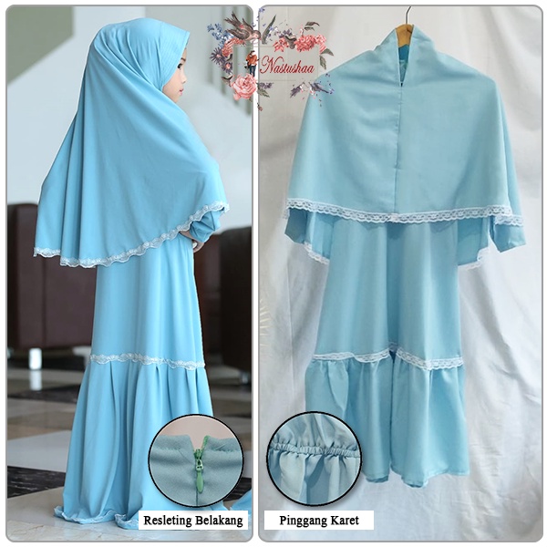 Setelan gamis syari anak perempuan Polos / Baju muslim Anak Perempuan 7 tahun sampai 9 tahun Bahan Wollycrepe Variasi Renda Include Bergo