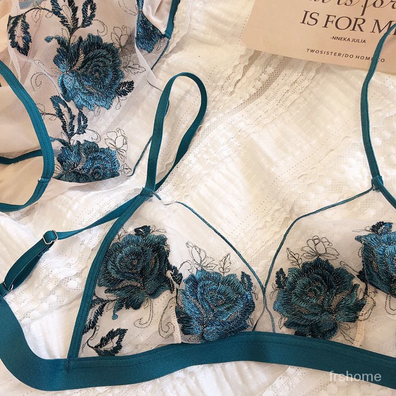 Mesh industri berat bordir renda segitiga cup tanpa cincin baja set pakaian ultra tipis bra