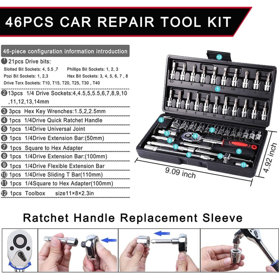 COD Kunci SOK 46 PCS Set Socket (1/4 &quot;) Full Lengkap Socket Tool Kit Pas Ring L Motor Mobil Termurah