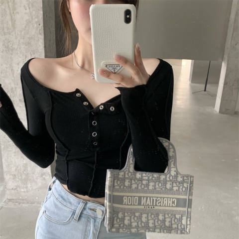 korea style baju atasan wanita lengan panjang atasan crop top import kemeja blouse