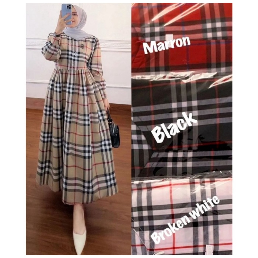 Big Size Midi Dress Jumbo motif kotakkotak Burberry Lengan Panjang Kekinian Termurah 2023 / Pakaian 