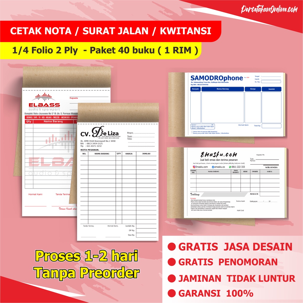 

Nota custom 2 ply 1/4 folio paket 40 buku ( 1 RIM )