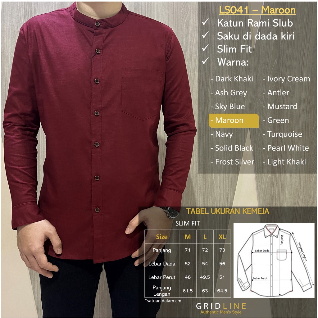 [GRIDLINE - LS041 Colorful Premium Long Sleeves Koko Basic Series] Kemeja Pria Lengan Panjang Koko Polos Katun Rami High Quality Tebal Adem Premium jumbo lebaran murah simpel M-XXL