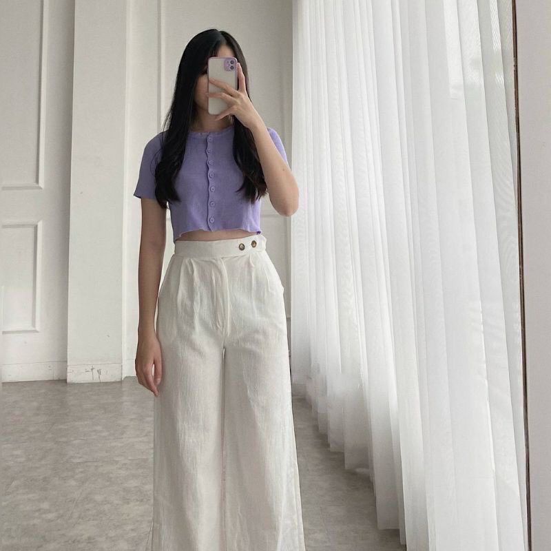 Tiwi Pants - Celana Kulot Wanita Linen Crinkle Highwaist Side Button - Cullote Pants Korean Style