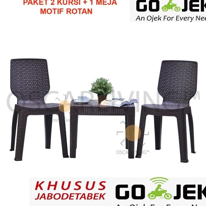 MEJA TAMU TABITHA SET MEJA KURSI TAMU / MEJA TERAS MOTIF ROTAN PLASTIK (SET 2 EL09I09A82L