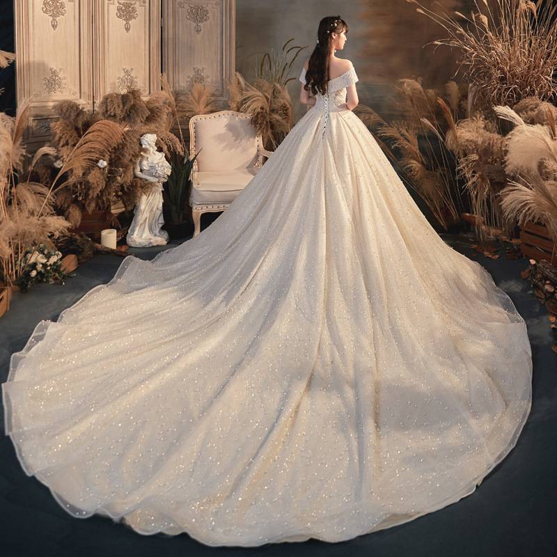 Gaun pernikahan 1.5m Ekor Luxurious Women Bridal Diamond Pearl Wedding Dresses Off Shoulder gaun pengantin Ballgown