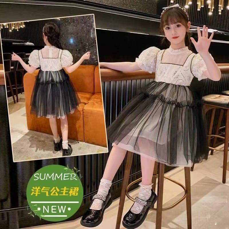 Dress hitam putih anak remaja import 1-11th gaun pesta tile sequin mewah anak tanggung impor