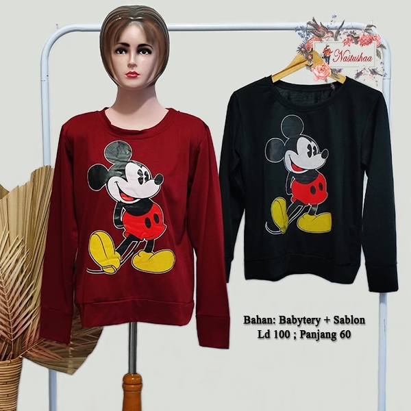 Crewneck Mickey Mouse Black Maroon Sweater wanita mickey mouse Bahan Babyterry Motif Sablon Classic Sweter Korean Style