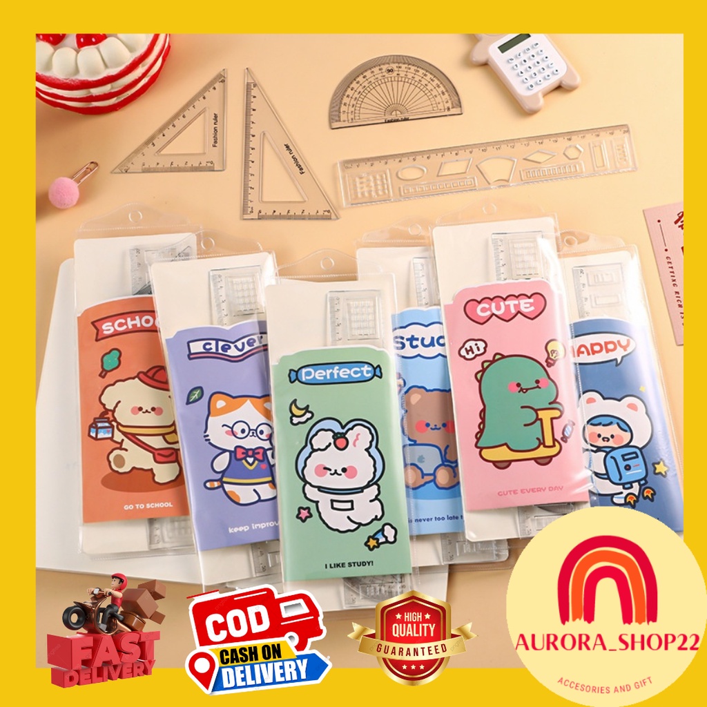 

[COD] PENGGARIS PLASTIK MIKA SET 4 IN 1 CUTE IMPORT PENGGARIS PANJANG BUSUR SEGITIGA RULLER SET