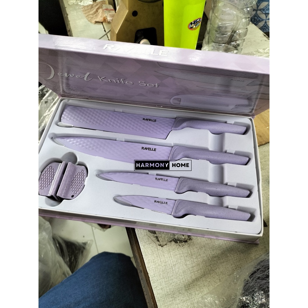 Pisau Set Ravelle - Jewel Knife Set 6in1 RAVELLE Jewel Knife Set 6 in 1 Set - Pisau Dapur Anti Lengket - FREE Talenan - Lilac Lavender-Non Stick Diamond