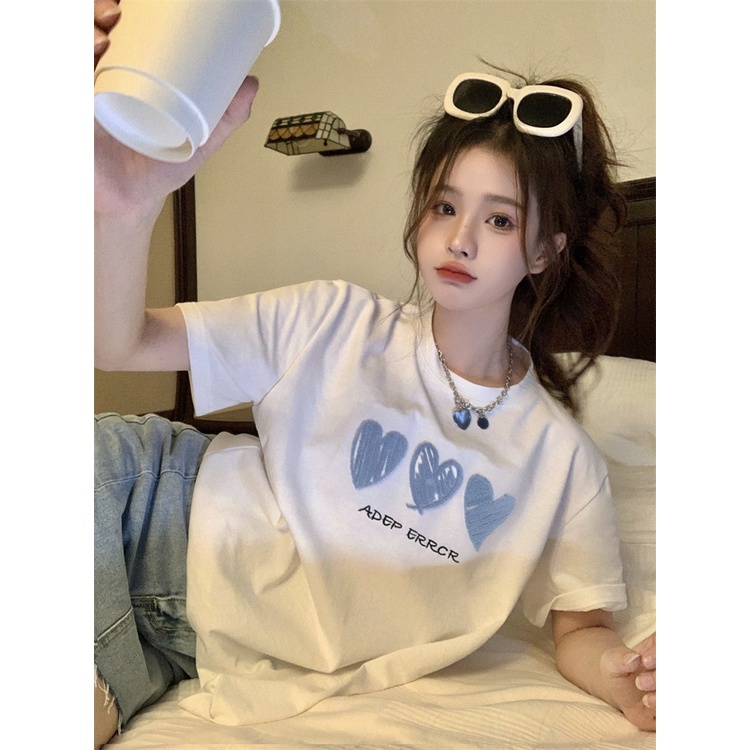 100% cotton baju kaos wanita lengan pendek korean style blue heart graffiti print t-shirt import kaos puith ootd