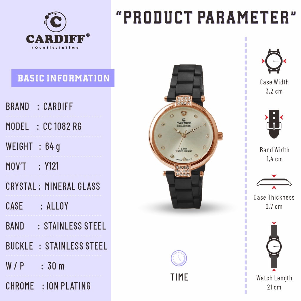 CARDIFF COLLECTION 1082 Al Series Jam Tangan Wanita Kasual Rantai Water Resist