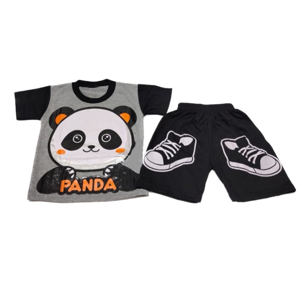 Pakaian Anak Laki-Laki Motif Shark Stelan Pendek Gambar Panda Baju Upin Ipin