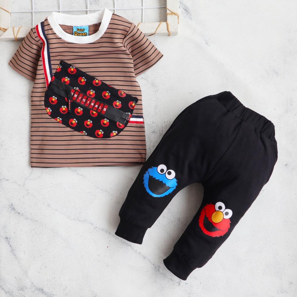 STOK TERBATAS Nuna Store baju anak laki laki SaintQueen Motif Kantong Garis Elmo / Setelan Baju Bayi